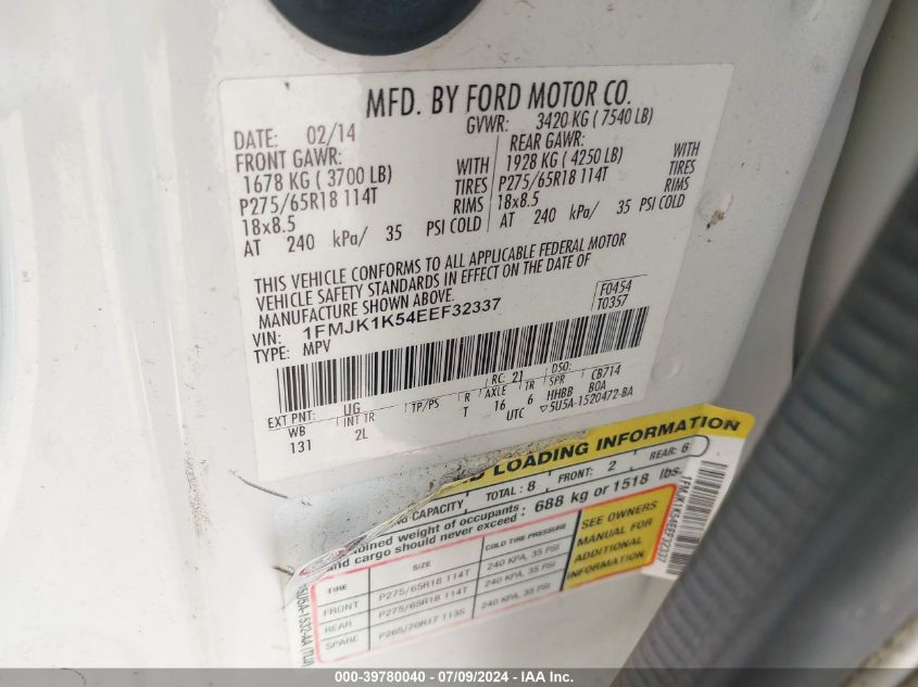 2014 Ford Expedition El Limited VIN: 1FMJK1K54EEF32337 Lot: 39780040