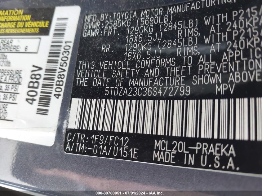 2006 Toyota Sienna Le VIN: 5TDZA23C36S472799 Lot: 39780051