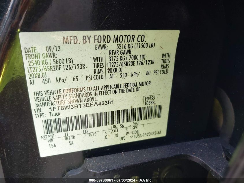 2014 Ford F-350 Super Duty VIN: 1FT8W3BT3EEA42361 Lot: 39780061