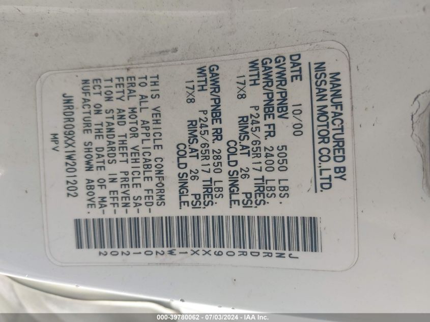 2001 Infiniti Qx4 VIN: JNRDR09XX1W201202 Lot: 39780062