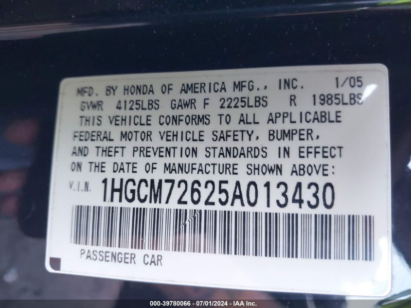2005 Honda Accord 2.4 Ex VIN: 1HGCM72625A013430 Lot: 39780066