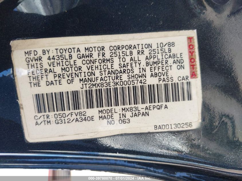 1989 Toyota Cressida Luxury VIN: JT2MX83E3K0005742 Lot: 39780070