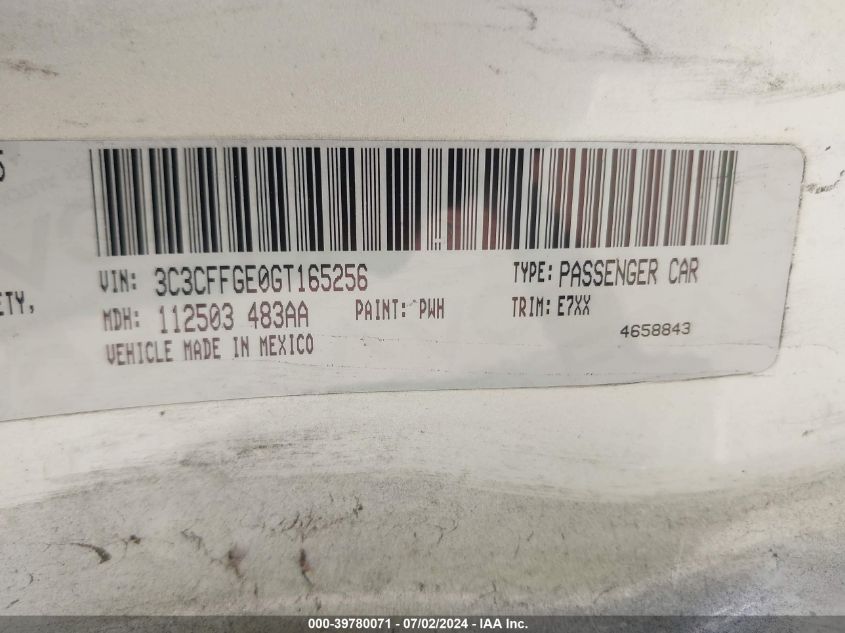 2016 Fiat 500 Electric VIN: 3C3CFFGE0GT165256 Lot: 39780071