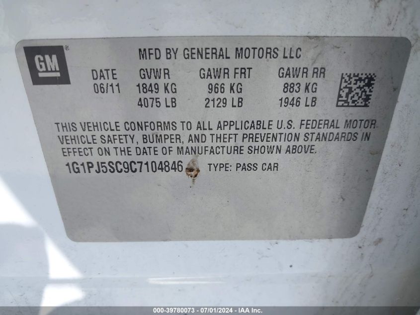 2012 Chevrolet Cruze Eco VIN: 1G1PJ5SC9C7104846 Lot: 39780073