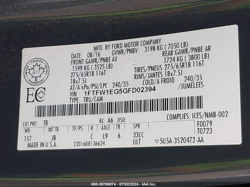 2016 Ford F-150 Xlt VIN: 1FTFW1EG5GFD02394 Lot: 39780074