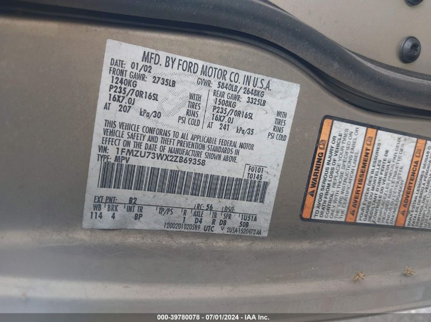 2002 Ford Explorer Xlt VIN: 1FMZU73WX2ZB69358 Lot: 39780078