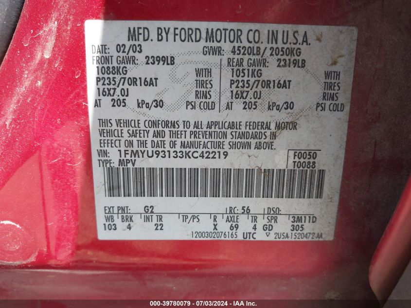 2003 Ford Escape Xlt VIN: 1FMYU93133KC42219 Lot: 39780079