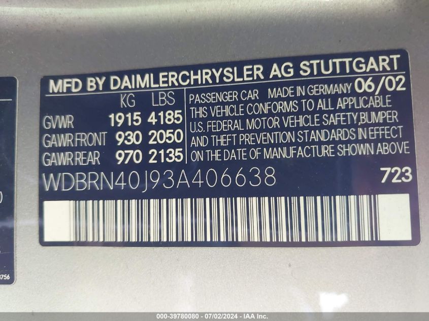 2003 Mercedes-Benz C-Class 230K Sport Coupe VIN: WDBRN40J93A406638 Lot: 39780080