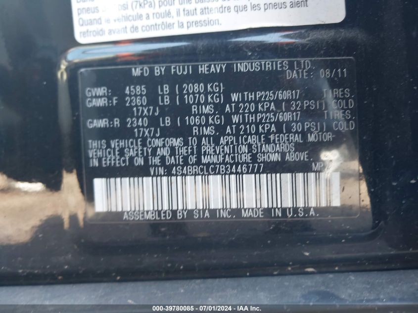 2011 Subaru Outback 2.5I Limited VIN: 4S4BRCLC7B3446777 Lot: 39780085