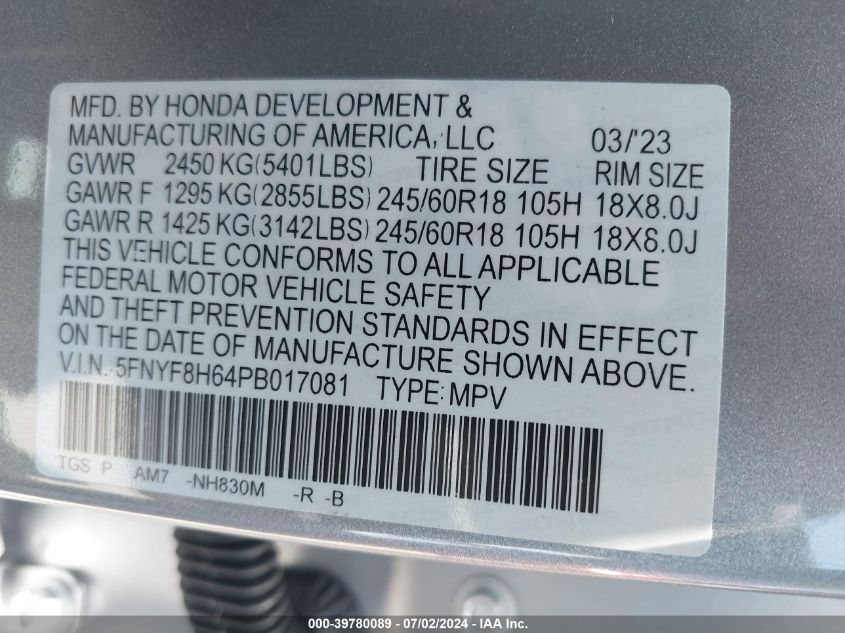 5FNYF8H64PB017081 2023 Honda Passport Awd Trailsport