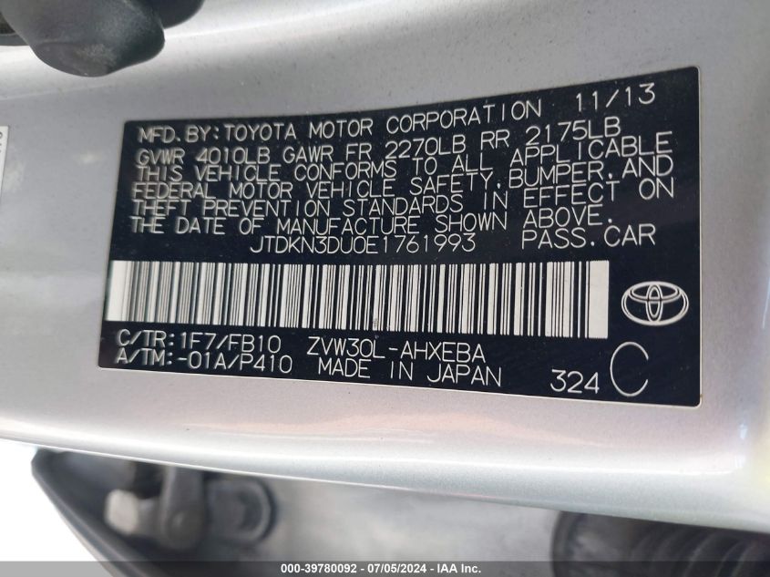 2014 Toyota Prius VIN: JTDKN3DU0E1761993 Lot: 39780092