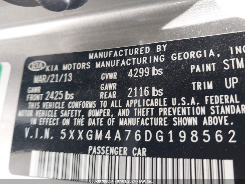 2013 Kia Optima Lx VIN: 5XXGM4A76DG198562 Lot: 39780094