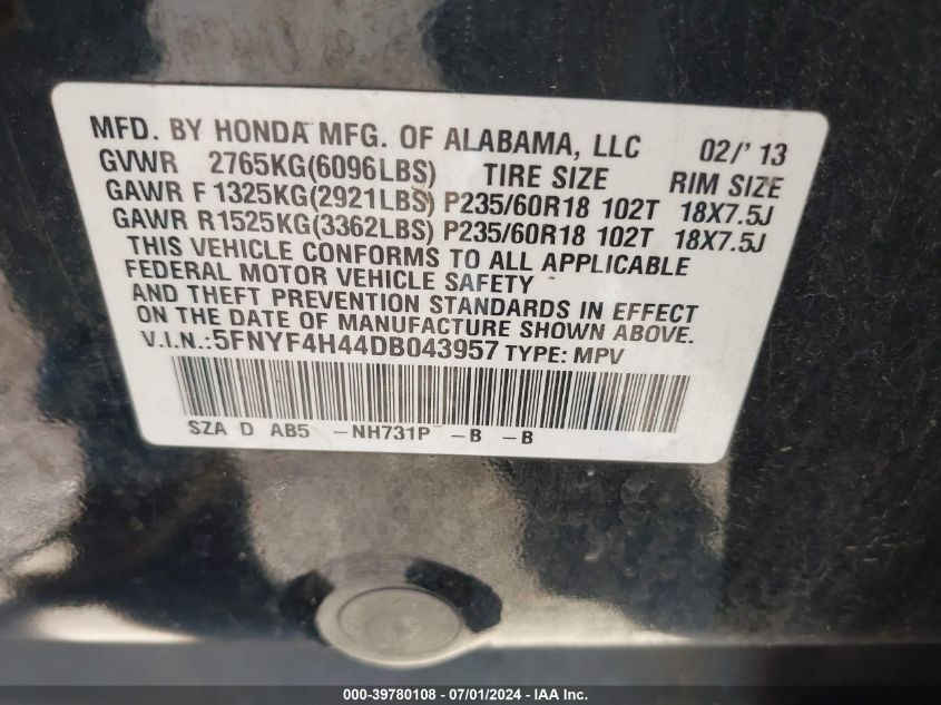 2013 Honda Pilot Ex VIN: 5FNYF4H44DB043957 Lot: 39780108