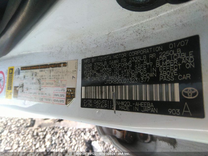 2007 Toyota Prius VIN: JTDKB20U273231377 Lot: 39780122