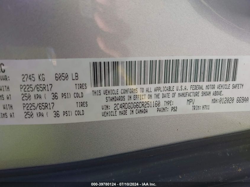 2012 Dodge Grand Caravan Crew VIN: 2C4RDGDG6CR251160 Lot: 39780124