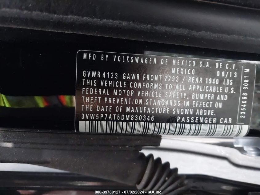 2013 Volkswagen Beetle VIN: 3VW5P7AT5DM830346 Lot: 39780127