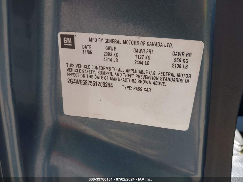 2006 Buick Lacrosse Cxs VIN: 2G4WE587561209284 Lot: 39780131