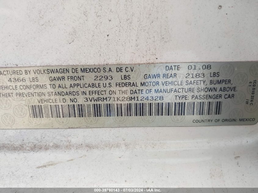 2008 Volkswagen Jetta Se/Sel VIN: 3VWRM71K28M124328 Lot: 39780143