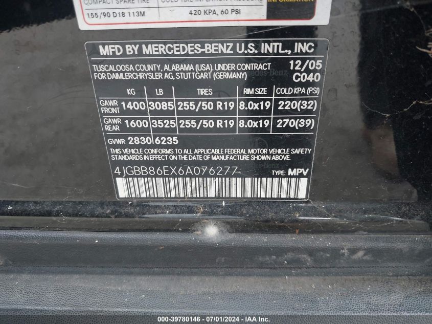 2006 Mercedes-Benz Ml 350 4Matic VIN: 4JGBB86EX6A076277 Lot: 39780146