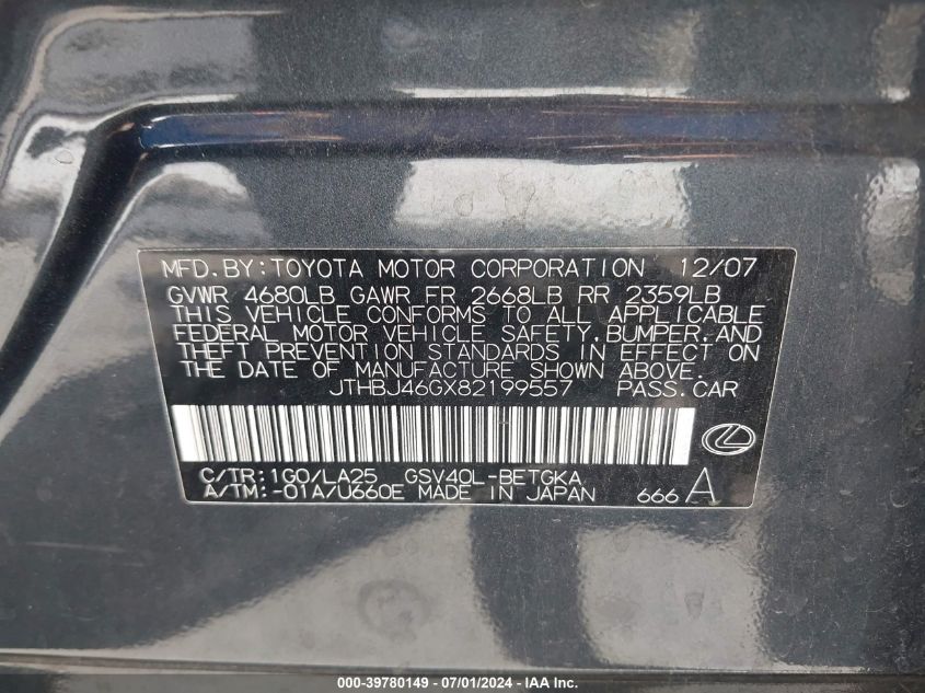 2008 Lexus Es 350 VIN: JTHBJ46GX82199557 Lot: 39780149