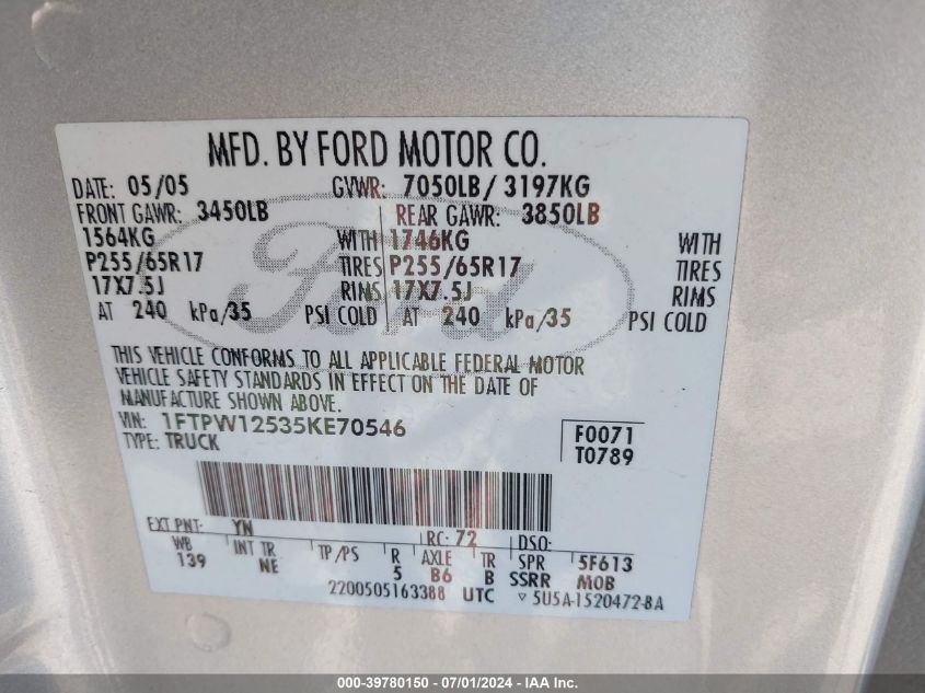 2005 Ford F-150 Lariat/Xlt VIN: 1FTPW12535KE70546 Lot: 39780150