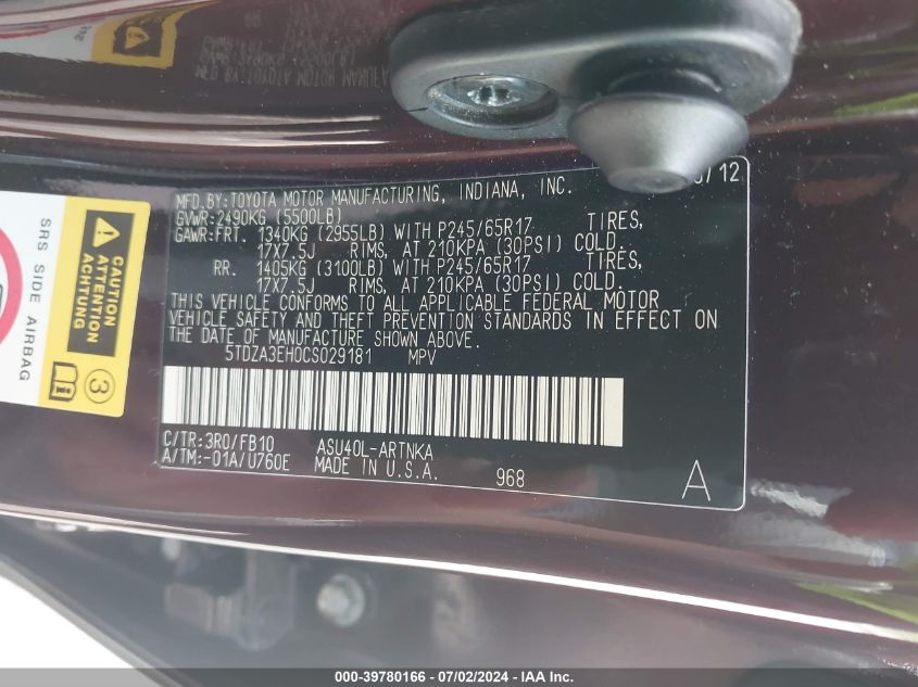 2012 Toyota Highlander Se VIN: 5TDZA3EH0CS029181 Lot: 39780166