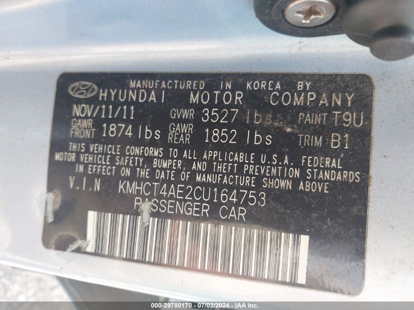 2012 Hyundai Accent Gls VIN: KMHCT4AE2CU164753 Lot: 39780170