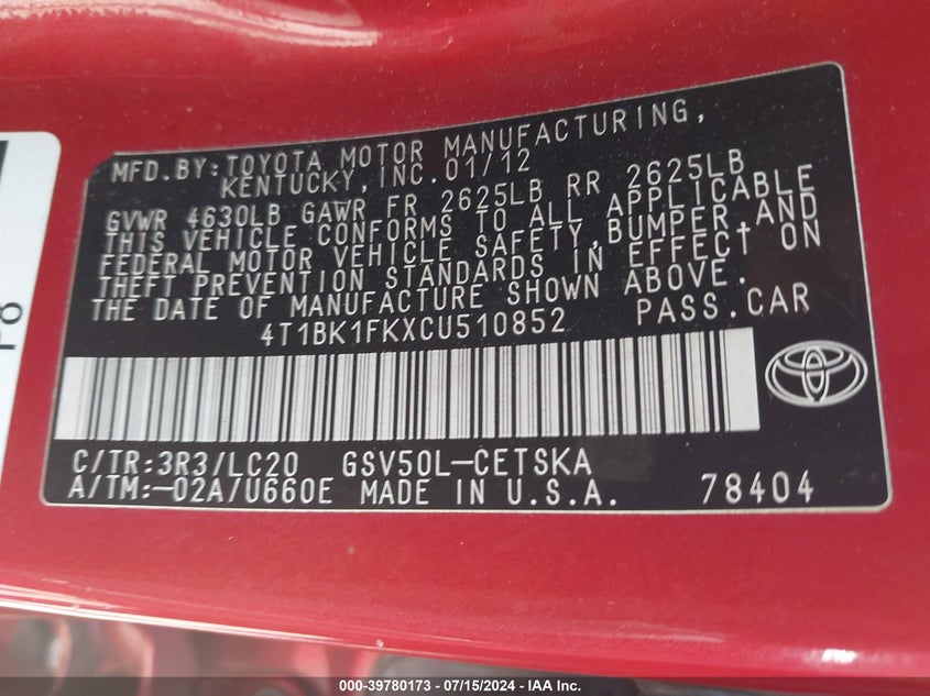 2012 Toyota Camry Se V6 VIN: 4T1BK1FKXCU510852 Lot: 39780173