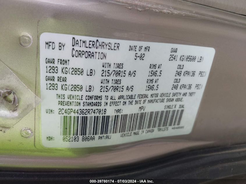 2002 Chrysler Town & Country Lx VIN: 2C4GP44362R747018 Lot: 39780174