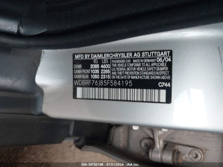 2005 Mercedes-Benz C 55 Amg VIN: WDBRF76J85F584195 Lot: 39780196