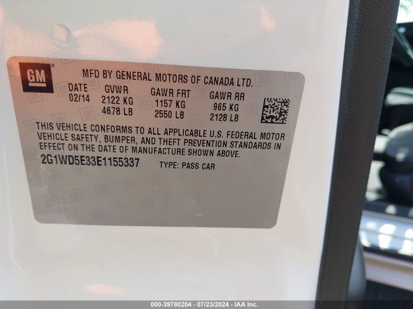 2014 Chevrolet Impala Limited Police VIN: 2G1WD5E33E1155337 Lot: 39780204