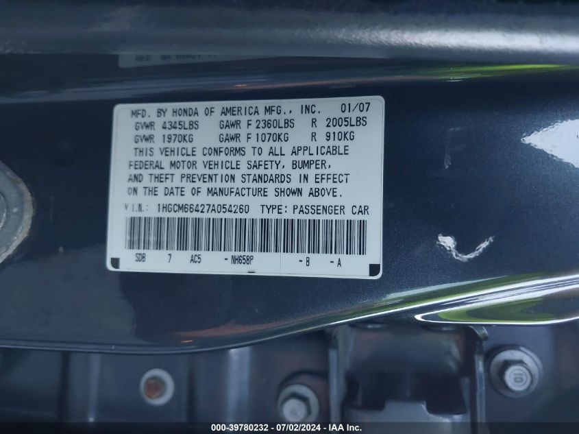 1HGCM66427A054260 | 2007 HONDA ACCORD