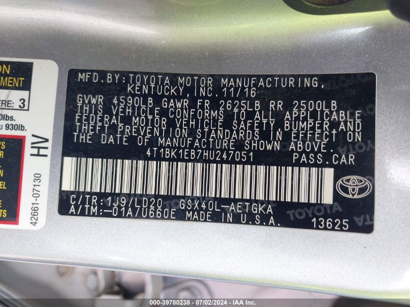 2017 Toyota Avalon Xle VIN: 4T1BK1EB7HU247051 Lot: 39780238