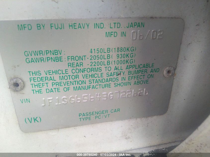 2003 Subaru Forester Xs VIN: JF1SG65643G722626 Lot: 39780240