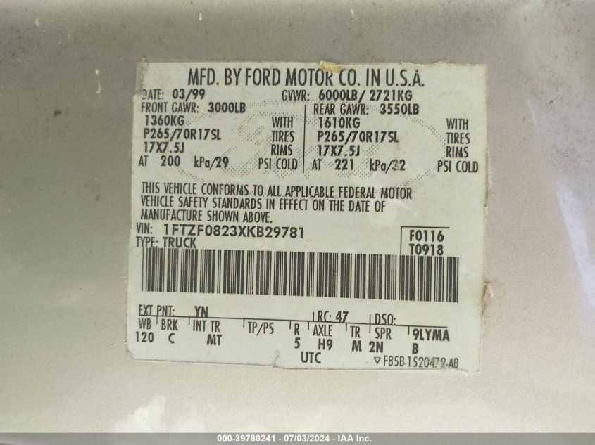 1999 Ford F150 VIN: 1FTZF0823XKB29781 Lot: 39780241