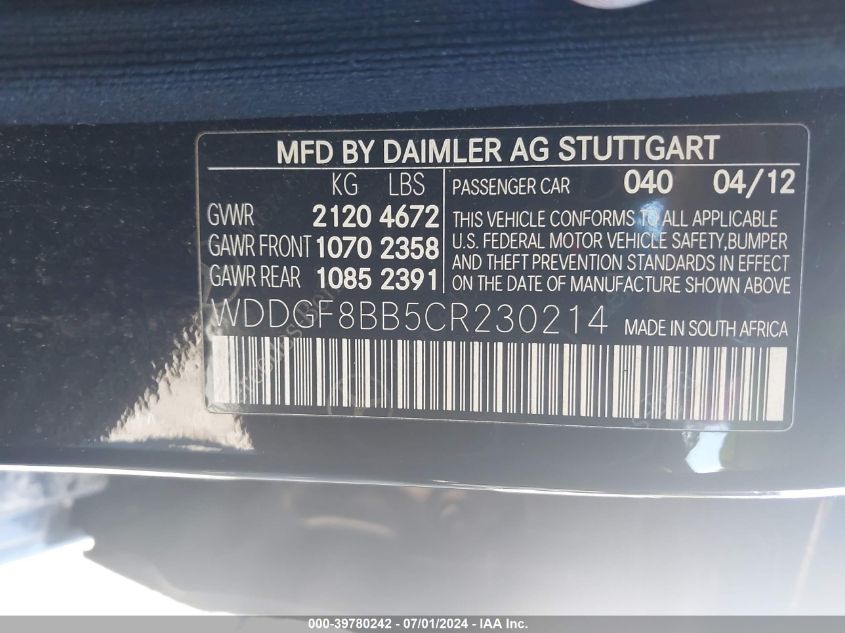 WDDGF8BB5CR230214 | 2012 MERCEDES-BENZ C 300