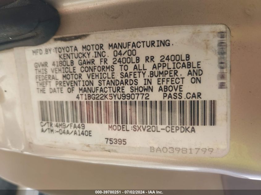 2000 Toyota Camry Ce VIN: 4T1BG22K5YU990772 Lot: 39780251