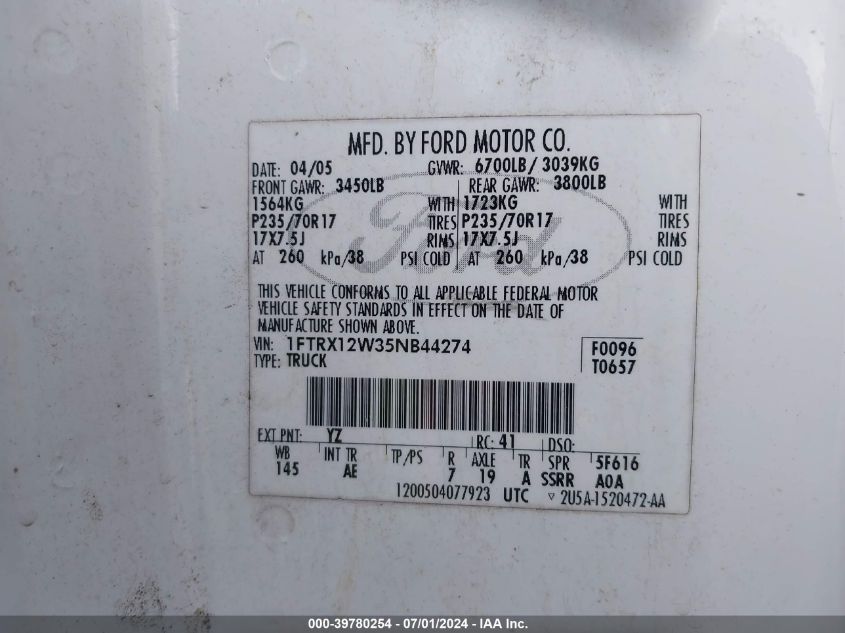 2005 Ford F-150 Stx/Xl/Xlt VIN: 1FTRX12W35NB44274 Lot: 39780254