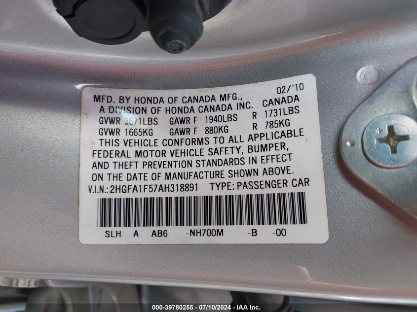 2010 Honda Civic Lx VIN: 2HGFA1F57AH318891 Lot: 39780255