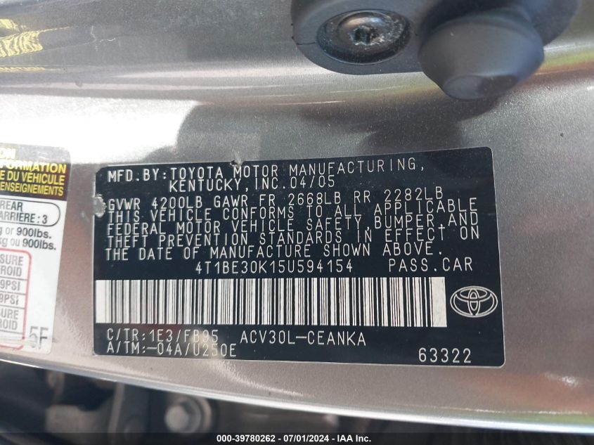 2005 Toyota Camry Le VIN: 4T1BE30K15U594154 Lot: 39780262