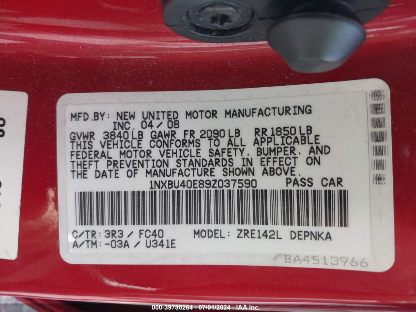 2009 Toyota Corolla Xle VIN: 1NXBU40E89Z037590 Lot: 39780264