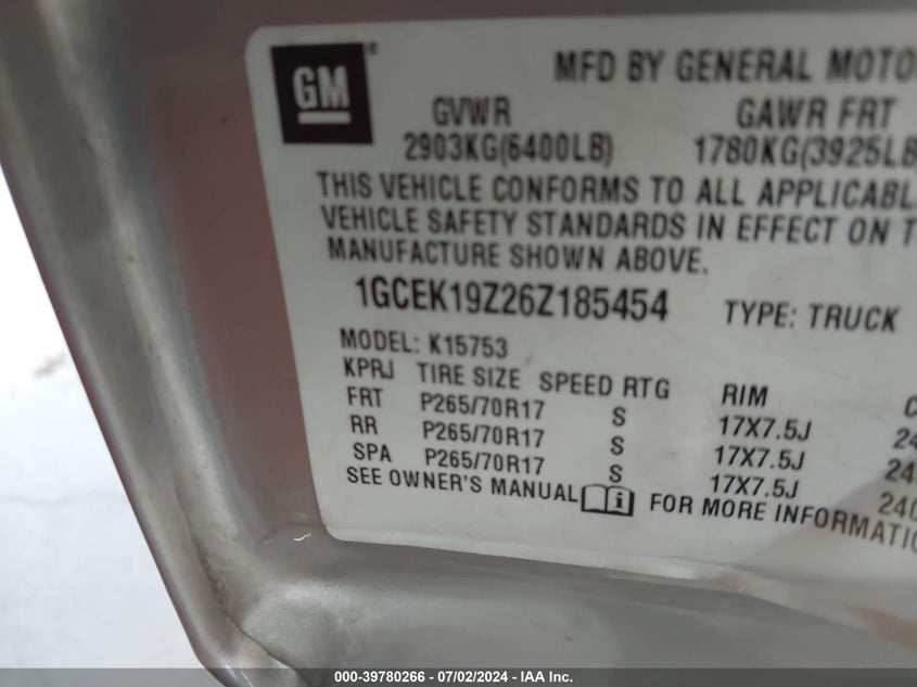 2006 Chevrolet Silverado 1500 Lt3 VIN: 1GCEK19Z26Z185454 Lot: 39780266