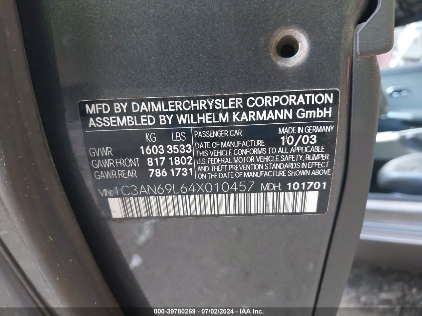 2004 Chrysler Crossfire VIN: 1C3AN69L64X010457 Lot: 39780269