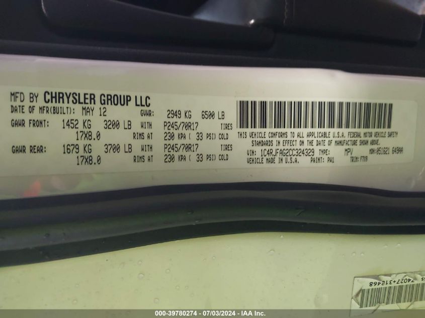 2012 Jeep Grand Cherokee Laredo VIN: 1C4RJFAG2CC324329 Lot: 39780274