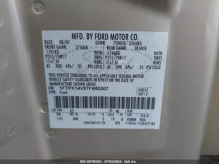 2007 Ford F-150 Fx4/Lariat/Xl/Xlt VIN: 1FTPX14V57FB85207 Lot: 39780283