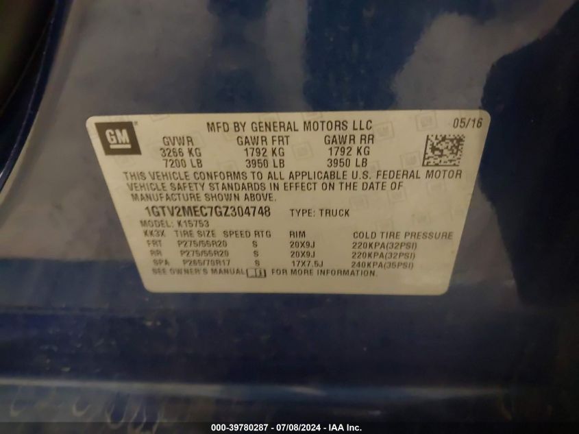 2016 GMC Sierra 1500 Sle VIN: 1GTV2MEC7GZ304748 Lot: 39780287