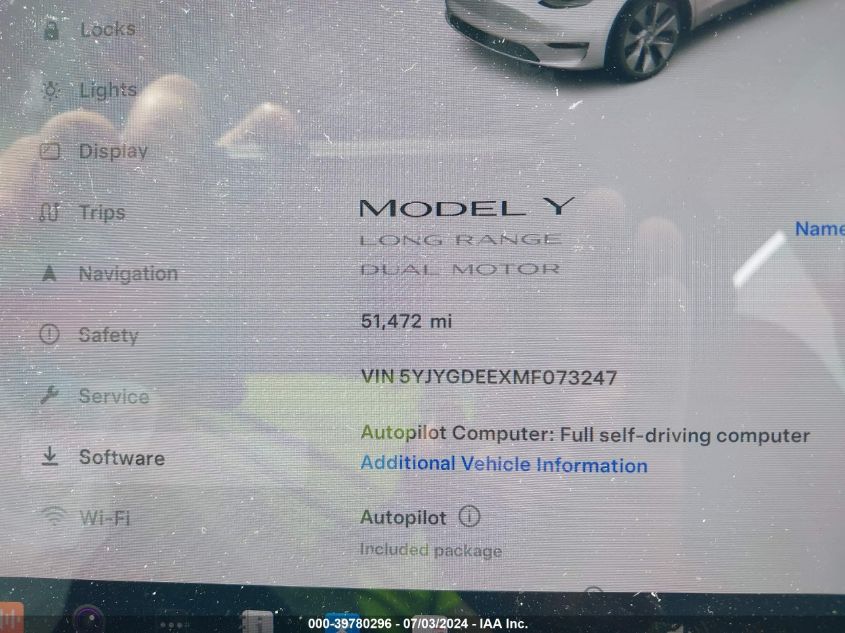 2021 Tesla Model Y Long Range Dual Motor All-Wheel Drive VIN: 5YJYGDEEXMF073247 Lot: 39780296