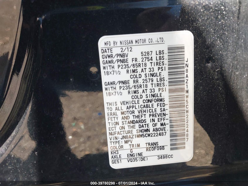 2012 Nissan Murano S VIN: JN8AZ1MW5CW222487 Lot: 39780298