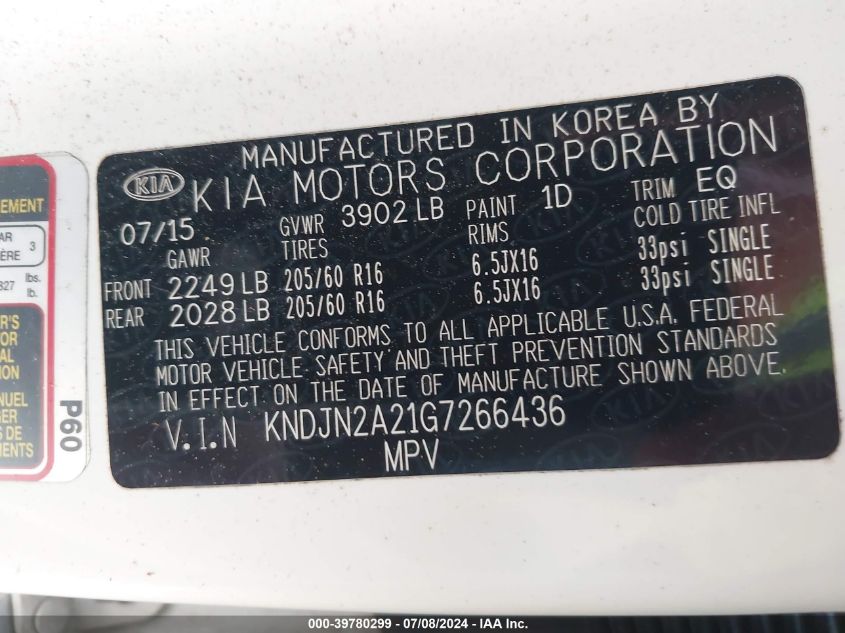 2016 Kia Soul VIN: KNDJN2A21G7266436 Lot: 39780299
