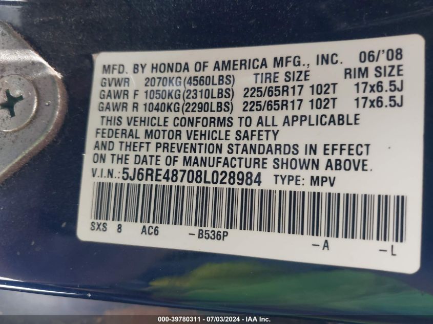 2008 Honda Cr-V Ex-L VIN: 5J6RE48708L028984 Lot: 39780311